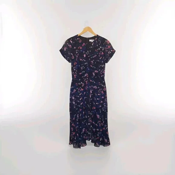 Jason Wu Collective Dresses | Jason Wu Collective X Rtr Pre-Loved Navy Floral Ruched Dress Fit & Flare Pick Sz | Color: Blue/Pink | Size: 2 | Gspot022